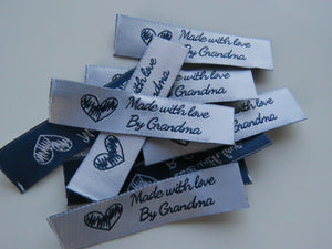 10 Made with Love by Grandma 60mm x 15mm woven sewing labels