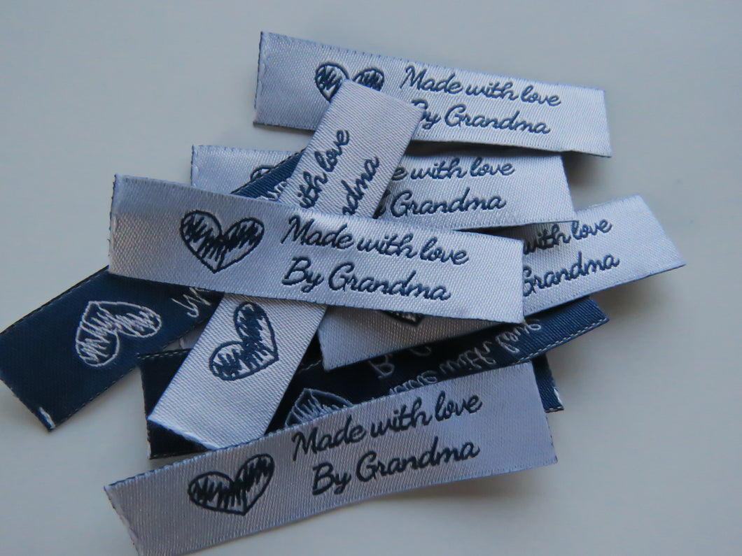 25 White Made with Love by Grandma 60mm x 15mm woven sewing labels