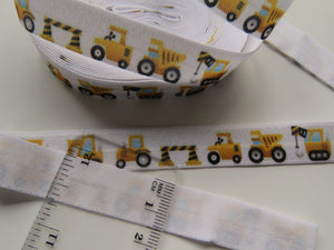 3.4m Yellow Digger Truck Roadworks Print Fold Over Elastic FOE Foldover15mm