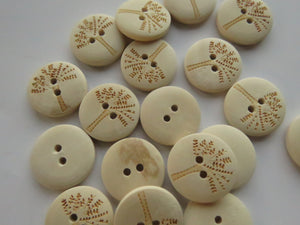 10 Wood Look Buttons with Single tree print 20mm 2 holes
