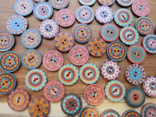 Load image into Gallery viewer, 10 Mixed Pattern Teal Orange Pink Retro Print buttons 25mm diameter