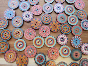 10 Mixed Pattern Teal Orange Pink Retro Print buttons 25mm diameter
