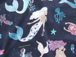 1m Mermaid Jellyfish Deahorse print on navy blue organic cotton spandex jersey knit 150cm