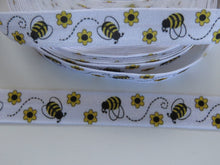 Load image into Gallery viewer, 5m Bee with Yellow and black flowers on white Fold Over Elastic FOE Foldover 15mm