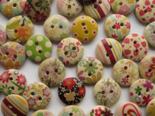 Load image into Gallery viewer, 25 Mixed floral stripes spots gingham print buttons 15mm Brown back 2 holes