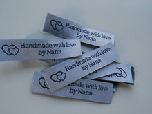 Load image into Gallery viewer, 10 White with Blue Font Handmade with Love by Nana White woven labels 60 x 15mm