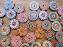 Load image into Gallery viewer, 10 Mixed Pattern Teal Orange Pink Retro Print buttons 25mm diameter