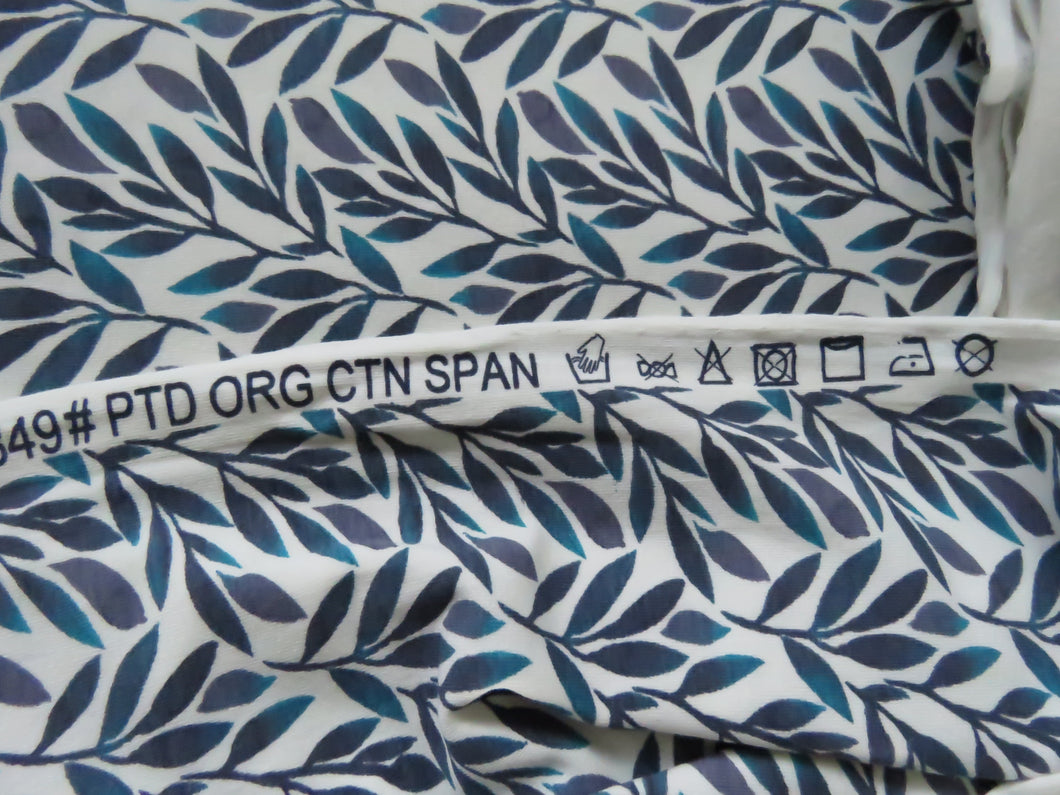 90cm Teal Leaf print organic cotton spandex jersey knit 148cm
