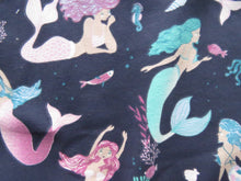 Load image into Gallery viewer, 1m Mermaid Jellyfish Deahorse print on navy blue organic cotton spandex jersey knit 150cm