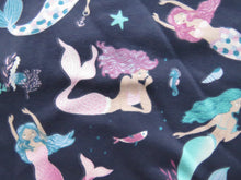 Load image into Gallery viewer, 1m Mermaid Jellyfish Deahorse print on navy blue organic cotton spandex jersey knit 150cm