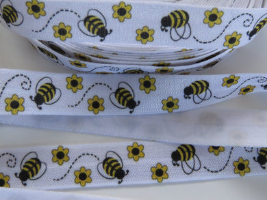 4m Bee with Yellow and black flowers on white Fold Over Elastic FOE Foldover 15mm