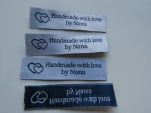 Load image into Gallery viewer, 10 White with Blue Font Handmade with Love by Nana White woven labels 60 x 15mm