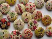 Load image into Gallery viewer, 25 Mixed floral stripes spots gingham print buttons 15mm Brown back 2 holes