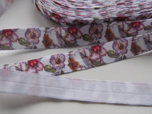 Load image into Gallery viewer, 4.4m Purple pink flower floral print fold over elastic FOE foldover elastic 15mm wide