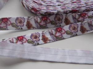 4.4m Purple pink flower floral print fold over elastic FOE foldover elastic 15mm wide