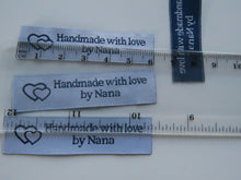 Load image into Gallery viewer, 10 White with Blue Font Handmade with Love by Nana White woven labels 60 x 15mm