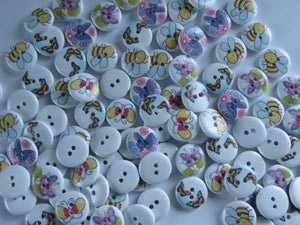 50 mixed print Bee and butterfly  white black 15mm buttons