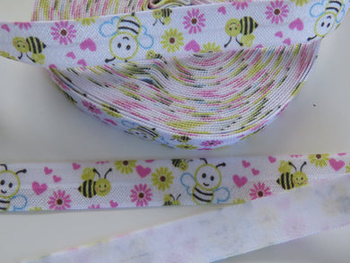 5m Bee and Pink and Yellow flowers with pink hearts on white Fold Over Elastic FOE Foldover 15mm