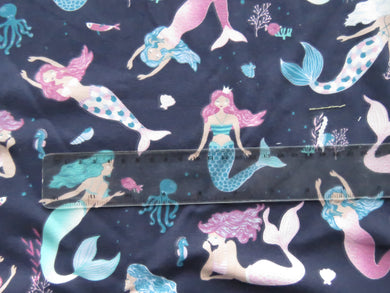 1m Mermaid Jellyfish Deahorse print on navy blue organic cotton spandex jersey knit 150cm