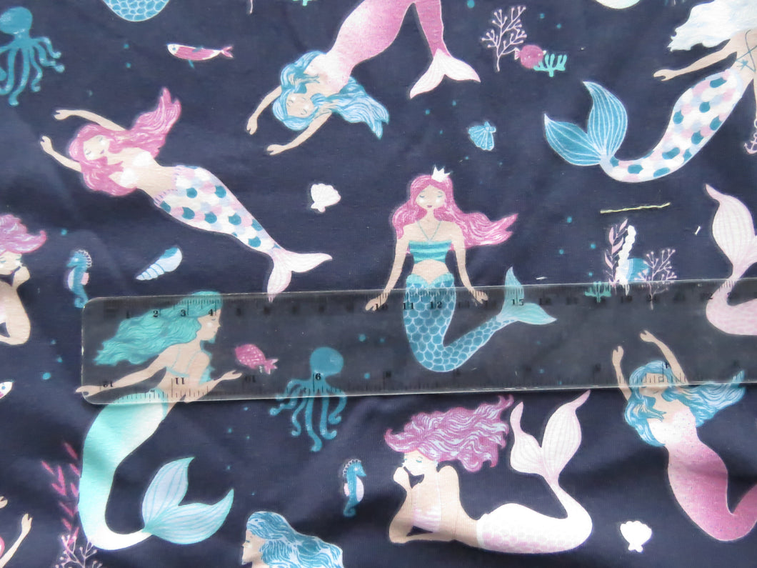 1m Mermaid Jellyfish Deahorse print on navy blue organic cotton spandex jersey knit 150cm