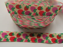 Load image into Gallery viewer, 5 yards/ 4.6m Strawberries Print on Cream  Fold Over Elastic FOE Foldover elastic 15mm