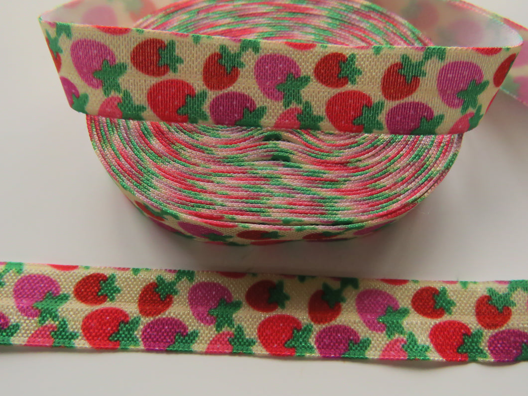 5 yards/ 4.6m Strawberries Print on Cream  Fold Over Elastic FOE Foldover elastic 15mm