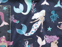 Load image into Gallery viewer, 1m Mermaid Jellyfish Deahorse print on navy blue organic cotton spandex jersey knit 150cm