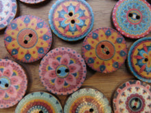 Load image into Gallery viewer, 10 Mixed Pattern Teal Orange Pink Retro Print buttons 25mm diameter