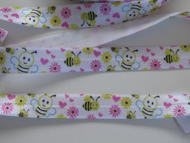 4m Bee and Pink and Yellow flowers with pink hearts on white Fold Over Elastic FOE Foldover 15mm