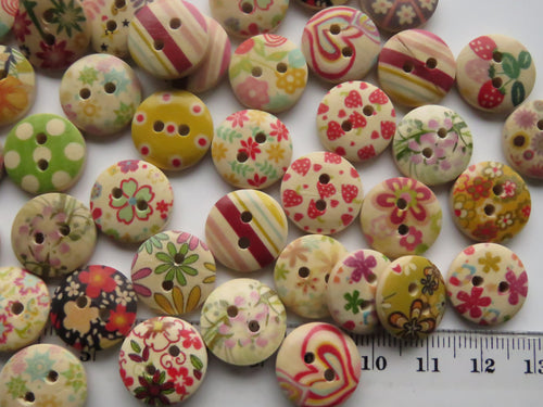 10 Mixed floral stripes spots gingham print buttons 15mm Brown back 2 holes