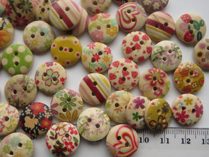 25 Mixed floral stripes spots gingham print buttons 15mm Brown back 2 holes