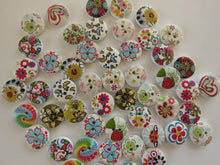 Load image into Gallery viewer, 24 Bright floral print buttons 15mm White back 2 holes