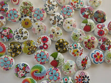 Load image into Gallery viewer, 24 Bright floral print buttons 15mm White back 2 holes