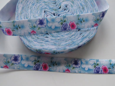 1m Purple Pink and Blue floral print on white fold over elastic FOE foldover elastic 15mm wide