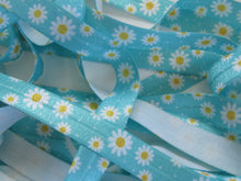 Load image into Gallery viewer, 5m White daisy with yellow centre on blue elastic 15mm Fold over FOE Foldover Elastic or use flat as a trim