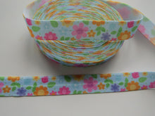 Load image into Gallery viewer, 4.6m Pink and Orange Flower Print on Blue  Fold Over Elastic FOE Foldover elastic 15mm