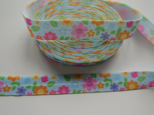 4.6m Pink and Orange Flower Print on Blue  Fold Over Elastic FOE Foldover elastic 15mm