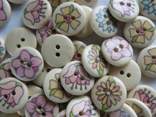 Load image into Gallery viewer, 25 Single flower mixed print cream 15mm buttons