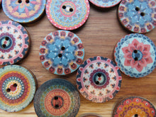 Load image into Gallery viewer, 10 Mixed Pattern Teal Orange Pink Retro Print buttons 25mm diameter