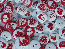 Load image into Gallery viewer, 25 Red heart Mixed Print buttons 15mm White back 2 holes