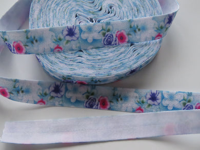 5m Purple Pink and Blue floral print on white fold over elastic FOE foldover elastic 15mm wide
