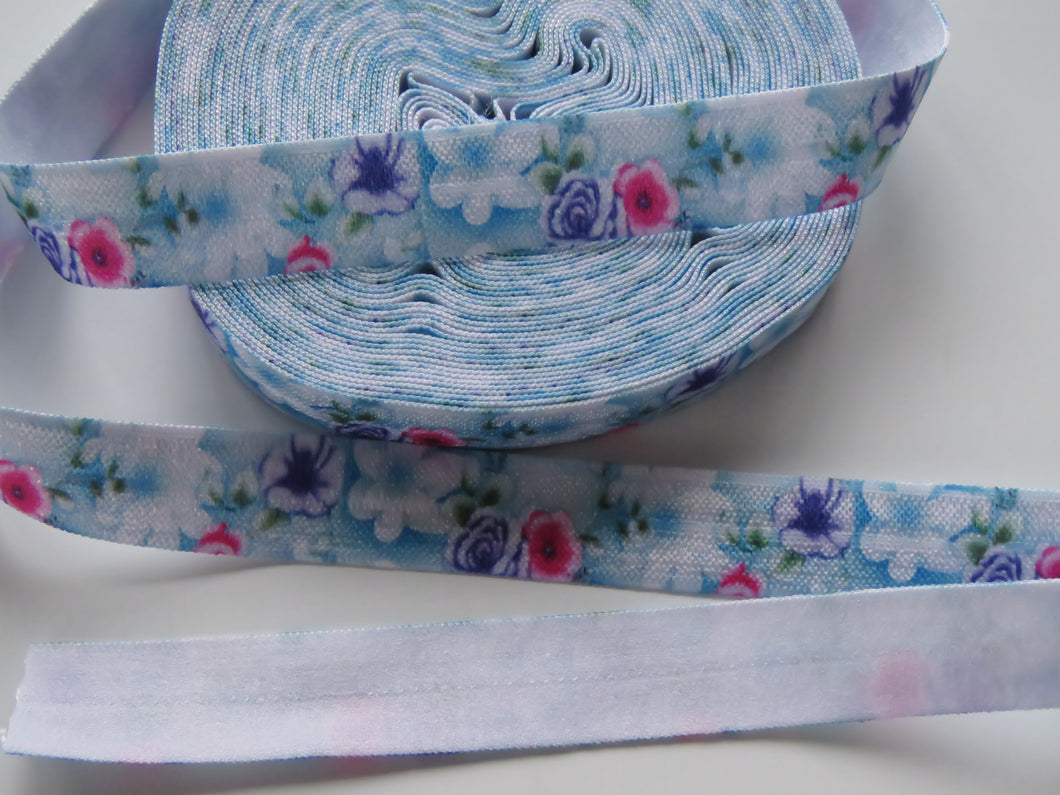 5m Purple Pink and Blue floral print on white fold over elastic FOE foldover elastic 15mm wide