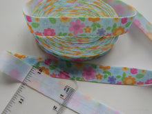 Load image into Gallery viewer, 4.6m Pink and Orange Flower Print on Blue  Fold Over Elastic FOE Foldover elastic 15mm