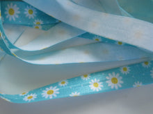 Load image into Gallery viewer, 5m White daisy with yellow centre on blue elastic 15mm Fold over FOE Foldover Elastic or use flat as a trim