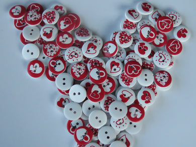 25 Red heart Mixed Print buttons 15mm White back 2 holes