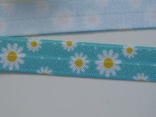 Load image into Gallery viewer, 5m White daisy with yellow centre on blue elastic 15mm Fold over FOE Foldover Elastic or use flat as a trim