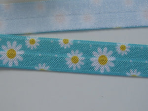 5m White daisy with yellow centre on blue elastic 15mm Fold over FOE Foldover Elastic or use flat as a trim