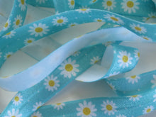 Load image into Gallery viewer, 5m White daisy with yellow centre on blue elastic 15mm Fold over FOE Foldover Elastic or use flat as a trim