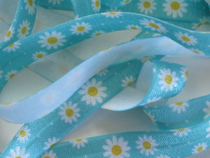 5m White daisy with yellow centre on blue elastic 15mm Fold over FOE Foldover Elastic or use flat as a trim