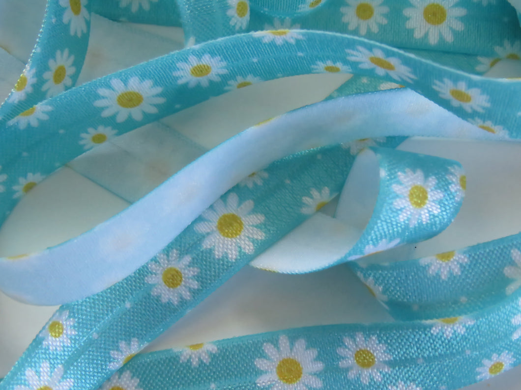 5m White daisy with yellow centre on blue elastic 15mm Fold over FOE Foldover Elastic or use flat as a trim